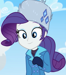 Size: 948x1080 | Tagged: safe, screencap, character:rarity, equestria girls:holidays unwrapped, g4, my little pony:equestria girls, cropped, cute, female, jewelry, looking down at you, mittens, raised eyebrows, raribetes, smiling, solo, winter outfit