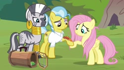 Size: 1920x1080 | Tagged: safe, screencap, character:doctor fauna, character:fluttershy, character:zecora, species:earth pony, species:pegasus, species:pony, species:zebra, episode:she talks to angel, g4, my little pony: friendship is magic, bracelet, clothing, ear piercing, earring, female, fire lizard, jewelry, leg rings, lidded eyes, lizard, mare, neck rings, piercing, ponytail, quadrupedal