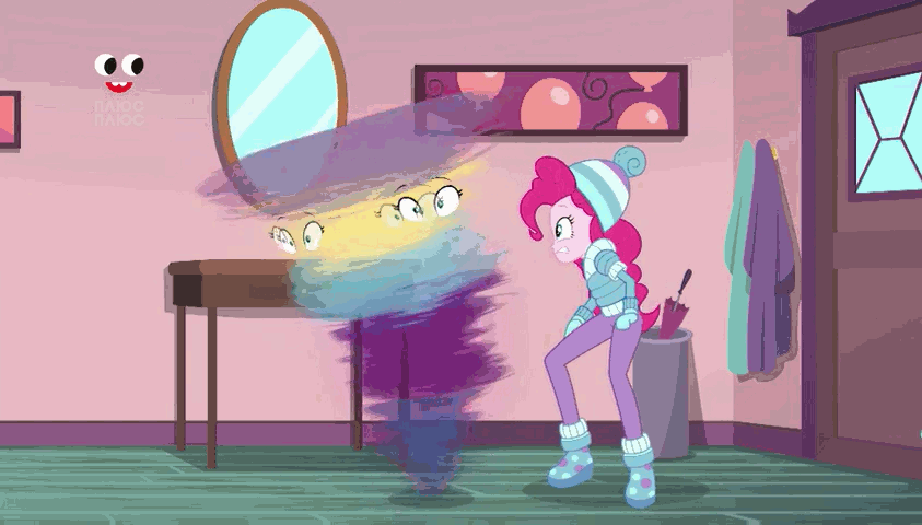 Size: 843x480 | Tagged: safe, screencap, character:pinkie pie, character:sunset shimmer, equestria girls:holidays unwrapped, g4, my little pony:equestria girls, animated, cartoon physics, clothing, gif, good trick, out of context, plusplus, spinning, winter outfit