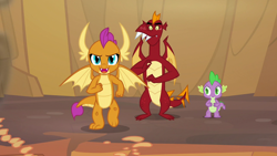Size: 1280x720 | Tagged: safe, screencap, character:garble, character:smolder, character:spike, species:dragon, episode:sweet and smoky, g4, my little pony: friendship is magic, baby, baby dragon, claws, clenched fist, confident, dragon lands, dragoness, fangs, female, horns, male, running, slit eyes, smug, smugder, spread wings, teenaged dragon, teenager, toes, trio, wings