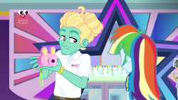 Size: 1280x720 | Tagged: safe, screencap, character:rainbow dash, character:zephyr breeze, equestria girls:holidays unwrapped, g4, my little pony:equestria girls, arms, camera, clothing, dashing through the mall, female, male, pink camera, plusplus, smiling