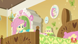 Size: 1280x720 | Tagged: safe, screencap, character:fluttershy, episode:do it for the ponygram!, g4, my little pony:equestria girls, bed, bedroom, solo