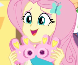 Size: 1280x1080 | Tagged: safe, screencap, character:fluttershy, equestria girls:holidays unwrapped, g4, my little pony:equestria girls, camera, cropped, cute, happy, misleading thumbnail, pink camera, polaroid, present, shyabetes