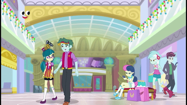 Size: 600x338 | Tagged: safe, screencap, character:bon bon, character:juniper montage, character:lyra heartstrings, character:sweetie drops, equestria girls:holidays unwrapped, g4, my little pony:equestria girls, animated, brim marco, canterlot mall, covering eyes, gif, guess who, plusplus, track starr