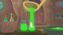 Size: 1600x900 | Tagged: safe, screencap, species:pony, episode:she talks to angel, g4, my little pony: friendship is magic, cauldron, container, door, glass, glow, green liquid, ladle, potion, spoon, vase, vial, zecora's hut