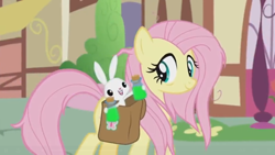 Size: 1600x900 | Tagged: safe, screencap, character:angel bunny, character:fluttershy, species:pony, species:rabbit, episode:she talks to angel, g4, my little pony: friendship is magic, animal, cork, duo, female, frazzled, glass, green liquid, male, mare, ponyville, potion, saddle bag, vial, walking
