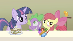 Size: 1334x750 | Tagged: safe, artist:toucanldm, screencap, character:apple bloom, character:peewee, character:spike, character:twilight sparkle, character:twilight sparkle (unicorn), species:dragon, species:phoenix, species:pony, species:unicorn, ship:spikebloom, awkward, bow, cute, female, filly, food, gemstones, link in description, male, mare, my little pony (unexpected), peewee, peeweebetes, sandwich, shipping, straight, youtube link