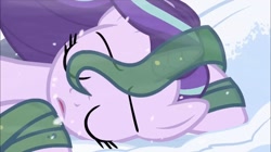 Size: 2048x1146 | Tagged: safe, screencap, character:starlight glimmer, species:pony, species:unicorn, episode:the ending of the end, g4, my little pony: friendship is magic, leak, blizzard, changeling slime, defeated, eyes closed, female, mare, open mouth, outdoors, snow, snowfall, solo, unconscious, windswept mane