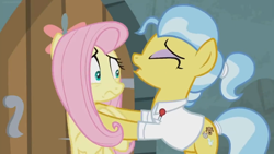 Size: 1364x768 | Tagged: safe, screencap, character:angel bunny, character:doctor fauna, character:fluttershy, species:earth pony, species:pegasus, species:pony, episode:she talks to angel, g4, my little pony: friendship is magic, body swap, clothing, door, duo, female, mare, not fluttershy, oops, panic, shirt, shocked
