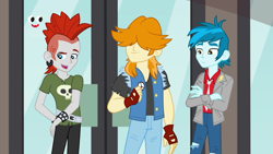 Size: 1280x720 | Tagged: safe, screencap, equestria girls:holidays unwrapped, g4, my little pony:equestria girls, background human, clothing, crimson napalm, crossed arms, fingerless gloves, gloves, male, pants, plusplus, thunderbass, valhallen