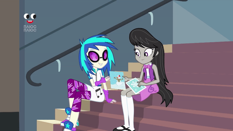 Size: 800x450 | Tagged: safe, screencap, character:dj pon-3, character:octavia melody, character:vinyl scratch, equestria girls:holidays unwrapped, g4, my little pony:equestria girls, animated, arm behind head, female, gif, greeting card, happy, looking at each other, plusplus, sitting, smiling, stairs, sunglasses