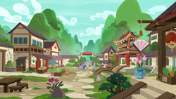 Size: 1280x720 | Tagged: safe, screencap, character:floating lotus, character:mistmane, character:morning fog, character:sable spirit, species:pony, episode:campfire tales, g4, my little pony: friendship is magic, flower, scenery, village