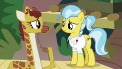 Size: 1920x1080 | Tagged: safe, screencap, character:clementine, character:doctor fauna, species:earth pony, species:pony, episode:she talks to angel, g4, my little pony: friendship is magic, animal, clothing, cloven hooves, duo, female, giraffe, mare, shirt