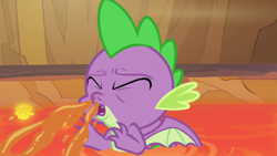 Size: 1280x720 | Tagged: safe, screencap, character:spike, species:dragon, episode:sweet and smoky, g4, my little pony: friendship is magic, eyes closed, lava, male, sneezing, solo, winged spike