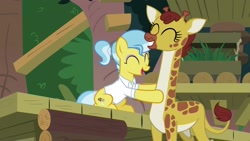 Size: 1920x1080 | Tagged: safe, screencap, character:clementine, character:doctor fauna, species:earth pony, species:pony, episode:she talks to angel, g4, my little pony: friendship is magic, animal, clothing, duo, eyes closed, female, giraffe, grin, mare, massage, shirt, smiling