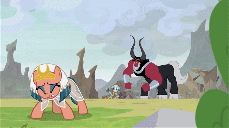 Size: 800x450 | Tagged: safe, screencap, character:lord tirek, character:rockhoof, character:somnambula, species:centaur, species:earth pony, species:pegasus, species:pony, episode:the ending of the end, g4, my little pony: friendship is magic, leak, animated, cloven hooves, colored hooves, draining, eyes closed, female, fleeing, flying, gif, leaping, looking over shoulder, magic drain, male, mare, nose piercing, nose ring, piercing, satisfied, scared, slam, smug smile, somnambuse, that centaur sure does love magic, wings