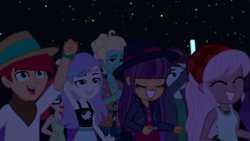 Size: 1920x1080 | Tagged: safe, screencap, character:ginger owlseye, character:zephyr breeze, equestria girls:sunset's backstage pass, g4, my little pony:equestria girls, alizarin bubblegum, background human, background human audience, bandana, clothing, cute, eyes closed, fedora, female, glowstick, grin, hat, hunter hedge, implied postcrush, male, night, night sky, outdoors, raised arm, raspberry lilac, sky, smiling, snow flower, track starr, zephyr's necklace