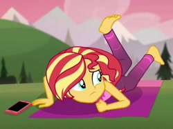 Size: 593x444 | Tagged: safe, screencap, character:sunset shimmer, episode:wake up!, g4, my little pony:equestria girls, cellphone, cropped, feet, phone, smartphone, solo, wake up!: rainbow dash, yoga, yoga pose