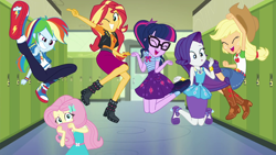 Size: 1920x1080 | Tagged: safe, screencap, character:applejack, character:fluttershy, character:rainbow dash, character:rarity, character:sunset shimmer, character:twilight sparkle, character:twilight sparkle (scitwi), species:eqg human, episode:do it for the ponygram!, g4, my little pony:equestria girls, applejack's hat, canterlot high, clothing, converse, cowboy hat, cute, geode of fauna, geode of shielding, geode of super speed, geode of telekinesis, group photo, happy, hat, jumping, magical geodes, pencil skirt, photo, pose, selfie, shoes, shy, shyabetes, skirt, twiabetes