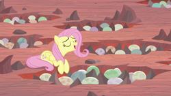 Size: 1280x720 | Tagged: safe, screencap, character:fluttershy, species:pegasus, species:pony, episode:sweet and smoky, g4, my little pony: friendship is magic, dragon egg, egg, eyes closed, female, mare, prone, solo