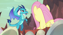 Size: 1920x1080 | Tagged: safe, screencap, character:fluttershy, character:princess ember, species:dragon, species:pegasus, species:pony, episode:sweet and smoky, g4, my little pony: friendship is magic, dragon egg, dragoness, duo, egg, female, mare, pointing