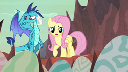 Size: 1920x1080 | Tagged: safe, screencap, character:fluttershy, character:princess ember, species:dragon, species:pegasus, species:pony, episode:sweet and smoky, g4, my little pony: friendship is magic, dragon egg, dragoness, duo, female, mare, raised hoof
