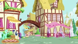 Size: 1920x1080 | Tagged: safe, screencap, character:bon bon, character:carrot top, character:cheerilee, character:derpy hooves, character:fluttershy, character:golden harvest, character:lavender essence, character:lyra heartstrings, character:sunshower raindrops, character:sweetie drops, species:earth pony, species:pegasus, species:pony, species:unicorn, episode:she talks to angel, g4, my little pony: friendship is magic, basket, female, magic, magic aura, mare, mouth hold, picnic basket, picnic blanket, ponyville, saddle bag, telekinesis