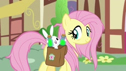 Size: 1920x1080 | Tagged: safe, screencap, character:angel bunny, character:fluttershy, species:pony, species:rabbit, episode:she talks to angel, g4, my little pony: friendship is magic, animal, duo, female, looking at each other, male, mare, potion, saddle bag, vial