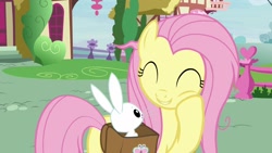 Size: 1920x1080 | Tagged: safe, screencap, character:angel bunny, character:fluttershy, species:pony, species:rabbit, episode:she talks to angel, g4, my little pony: friendship is magic, animal, cute, duo, eyes closed, female, male, mare, saddle bag, shyabetes, smiling
