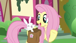 Size: 1920x1080 | Tagged: safe, screencap, character:angel bunny, character:fluttershy, species:pony, species:rabbit, episode:she talks to angel, g4, my little pony: friendship is magic, animal, duo, eyes closed, female, happy, male, mare, messy mane, saddle bag