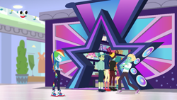 Size: 1280x720 | Tagged: safe, screencap, character:desert sage, character:rainbow dash, character:zephyr breeze, equestria girls:holidays unwrapped, g4, my little pony:equestria girls, background human, canterlot mall, cap, clothing, converse, dashing through the mall, desert sage, female, geode of super speed, hat, magical geodes, male, mile hill, no socks, orange sunrise, pants, plusplus, shoes, skirt, sneakers, socks, waldo whereabout