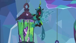 Size: 1920x1080 | Tagged: safe, screencap, character:queen chrysalis, character:starlight glimmer, species:changeling, species:pony, episode:the ending of the end, g4, my little pony: friendship is magic, leak, animation error, female, laughing, revenge, slime, tongue out