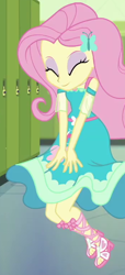 Size: 350x770 | Tagged: safe, screencap, character:fluttershy, episode:do it for the ponygram!, g4, my little pony:equestria girls, clothing, cropped, eyes closed, eyeshadow, feet, female, geode of fauna, magical geodes, makeup, sandals, skirt, skirt lift, solo