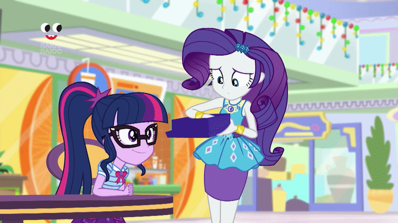 Size: 800x450 | Tagged: safe, screencap, character:applejack, character:rarity, character:twilight sparkle, character:twilight sparkle (scitwi), species:eqg human, equestria girls:holidays unwrapped, g4, my little pony:equestria girls, animated, blushing, book, chair, clothing, cute, eyes closed, foot popping, freckles, geode of shielding, geode of telekinesis, gif, gift box, happy, hat, laughing, looking at someone, looking at something, magical geodes, photo, plusplus, raribetes, reading, shopping mall, sitting, smiling, standing, table
