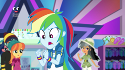 Size: 1280x720 | Tagged: safe, screencap, character:daring do, character:desert sage, character:rainbow dash, equestria girls:holidays unwrapped, g4, my little pony:equestria girls, cardboard cutout, chestnut magnifico, clothing, desert sage, female, flip-flops, geode of super speed, magical geodes, male, orange sunrise, plusplus, waldo whereabout