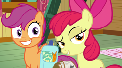 Size: 1920x1080 | Tagged: safe, screencap, character:apple bloom, character:scootaloo, species:earth pony, species:pegasus, species:pony, episode:growing up is hard to do, g4, my little pony: friendship is magic, bow, carrot, chips, clubhouse, crusaders clubhouse, duo, female, filly, foal, food, grin, hair bow, lidded eyes, raised eyebrow, saddle bag, smiling, smirk, smug, snacks, spread wings, wide eyes, wings