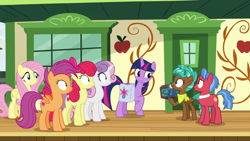 Size: 1920x1080 | Tagged: safe, screencap, character:apple bloom, character:biscuit, character:fluttershy, character:scootaloo, character:spur, character:sweetie belle, character:twilight sparkle, character:twilight sparkle (alicorn), species:alicorn, species:pegasus, species:pony, episode:growing up is hard to do, g4, my little pony: friendship is magic, cutie mark, cutie mark crusaders, female, male, mare, older, older apple bloom, older cmc, older scootaloo, older sweetie belle, saddle bag, the cmc's cutie marks, train station