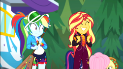 Size: 1920x1080 | Tagged: safe, screencap, character:applejack, character:fluttershy, character:rainbow dash, character:sunset shimmer, character:twilight sparkle, character:twilight sparkle (scitwi), species:eqg human, equestria girls:sunset's backstage pass, g4, my little pony:equestria girls, applejack's festival hat, clothing, female, geode of empathy, grin, happy, hat, jacket, magical geodes, outdoors, paddle, rainbow dash's paddle, rv, shorts, smiling, visor