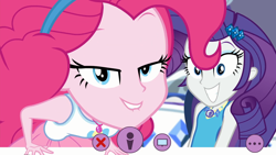 Size: 1920x1080 | Tagged: safe, screencap, character:pinkie pie, character:rarity, episode:do it for the ponygram!, g4, my little pony:equestria girls, close-up, duo, duo female, female, geode of shielding, geode of sugar bombs, grin, lidded eyes, lip bite, looking at you, magical geodes, rarity's bedroom, recording, smiling, webcam