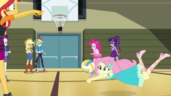 Size: 1920x1080 | Tagged: safe, screencap, character:applejack, character:fluttershy, character:pinkie pie, character:rainbow dash, character:rarity, character:sunset shimmer, character:twilight sparkle, character:twilight sparkle (scitwi), species:eqg human, episode:do it for the ponygram!, g4, my little pony:equestria girls, basket, clothing, dress, geode of sugar bombs, geode of super speed, geode of super strength, geode of telekinesis, gym, humane five, humane seven, humane six, magical geodes, sports, volleyball