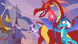 Size: 1918x1078 | Tagged: safe, screencap, character:basil, character:princess ember, character:prominence, species:dragon, episode:the last problem, g4, my little pony: friendship is magic, leak, amarant, bloodstone scepter, canterlot, dragoness, female, flying, male, mid-blink screencap, vex