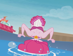 Size: 527x400 | Tagged: safe, screencap, character:pinkie pie, episode:x marks the spot, g4, my little pony:equestria girls, back, bare shoulders, bent over, bikini, bubble, clothing, cropped, female, solo, swimsuit