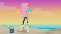 Size: 852x479 | Tagged: safe, screencap, character:fluttershy, my little pony:equestria girls, arms wide open, aww... baby turtles, beach, behind, bikini, clothing, feet, female, heel pop, sandals, sole, solo, swimsuit, wetsuit