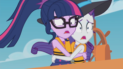 Size: 852x479 | Tagged: safe, screencap, character:rarity, character:twilight sparkle, character:twilight sparkle (scitwi), species:eqg human, episode:the salty sails, g4, my little pony:equestria girls, boat, clothing, duo, duo female, embrace, female, glasses, hat, hug, lifejacket, scared, shrunken pupils, sun hat, swimsuit