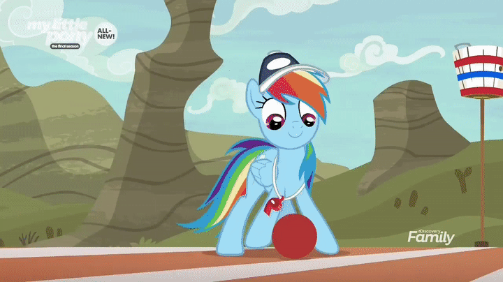 Size: 720x404 | Tagged: safe, screencap, character:quibble pants, character:rainbow dash, species:earth pony, species:pegasus, species:pony, episode:common ground, g4, my little pony: friendship is magic, animated, ball, cactus, cap, clothing, coach, coach rainbow dash, cute, dashabetes, discovery family logo, fail, female, hat, male, mare, running track, stallion, whistle