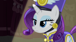 Size: 576x324 | Tagged: safe, screencap, character:rarity, species:pony, species:unicorn, episode:testing testing 1-2-3, g4, my little pony: friendship is magic, ancient wonderbolts uniform, clothing, female, flat stare, frown, hat, lidded eyes, mare, rarity is not amused, reaction image, sgt. rarity, solo, still, unamused, uniform