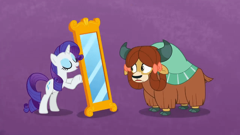 Size: 800x450 | Tagged: safe, screencap, character:rarity, character:yona, species:earth pony, species:pony, species:unicorn, species:yak, episode:she's all yak, g4, my little pony: friendship is magic, animated, bow, cloven hooves, duo, female, fit right in, gif, hair bow, mare, mirror, ponified, pony yona, purple background, simple background, species swap