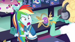 Size: 1280x720 | Tagged: safe, screencap, character:rainbow dash, character:zephyr breeze, equestria girls:holidays unwrapped, g4, my little pony:equestria girls, clothing, female, geode of super speed, magical geodes, male, plusplus, scared, vr headset