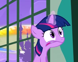 Size: 1366x1080 | Tagged: safe, screencap, character:twilight sparkle, character:twilight sparkle (unicorn), species:pony, species:unicorn, episode:sonic rainboom, episode:the cutie mark chronicles, g4, my little pony: friendship is magic, blank flank, castle, cropped, faec, female, filly, filly twilight sparkle, foal, glowing horn, horn, magic, sonic rainboom, window, younger