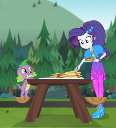 Size: 975x1080 | Tagged: safe, screencap, character:rarity, character:spike, character:spike (dog), species:dog, episode:wake up!, g4, my little pony:equestria girls, breakfast, cropped, cute, female, food, fork, geode of shielding, high heels, magical geodes, male, music festival outfit, outdoors, pancakes, picnic table, plate, shoes, spikabetes, syrup, table, wake up!: applejack